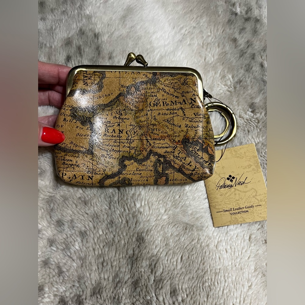 PATRICIA NASH Borse Leather Coin Kiss Lock Purse Keychain European Map Print NWT - Picture 2 of 7